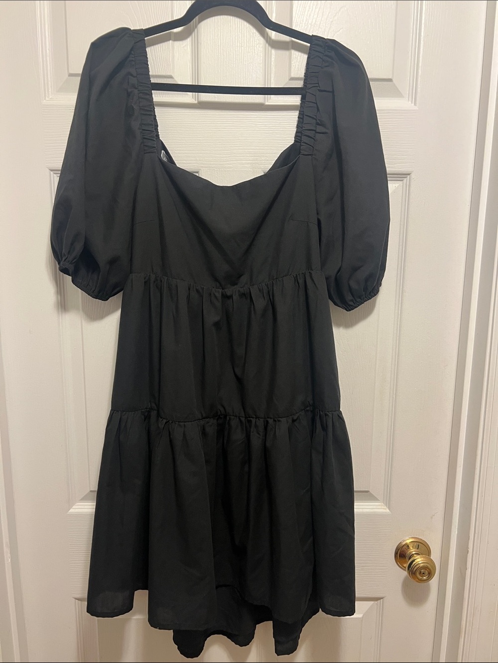 Black Square Neck Puff Sleeve Tiered Mini Dress